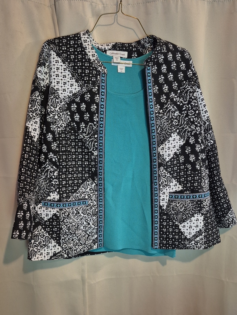 Black & White Patchwork Open Cardigan with Teal Trim And Teal Tank Top